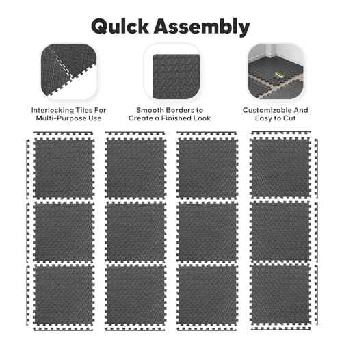Home Gym Mat, Puzzle Exercise Mat, EVA Interlocking Foam Floor Tiles for Home Workout Equipment and Kids' Play Areas - Black, 24 in x 24 in x ¨ö in - 12 Tiles (Black, 12 Pack, 48 SQ FT)