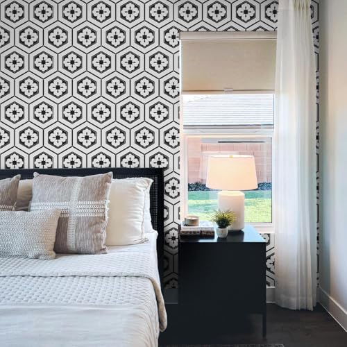 Naphite Black and White Peel and Stick Wallpaper Boho Geometric Black Modern Self Adhesive Removable Wallpaper for Bathroom Kitchen Backsplash Waterproof Contact Paper for Cabinets 17.3inW 78.7inL