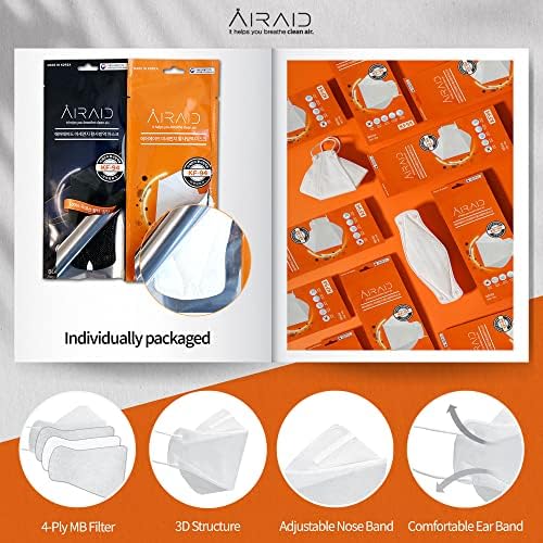 AIRAID-KF94 [Individually Wrapped] - Made in Korea, 4-Layer Filter, 3D Face Mask, Black, White, Adult and Older Teens