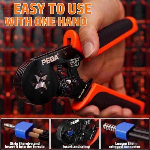 PEBA Ferrule Crimping Tool Kit, Ratchet Ferrule Crimper for AWG28-7 & 21 Sizes Wire Ferrules Terminals for Electrical Wiring/DIY Terminals | Self-Adjusting Square Pliers - Copper Ferrule Kit