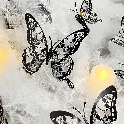 12PCS Butterfly Wall Stickers, 3D Double-Layer Skull Butterflies Wall Decals Halloween Wall Decor Gothic Black Butterfly Design Halloween Wall Stickers for Home Room Bedroom Festival Party Decoration