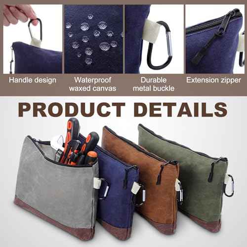 Eccliy 6 Pack Waxed Canvas Pouch 13 x 7.5 Inch Heavy Duty Tool Bags Small Canvas Storage Pouch with Zipper Carabiner Water Resistant Multipurpose Organizer for Men Tools Gadgets Organizers