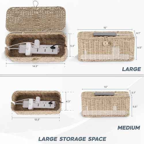 2-Pack Large Cable Management Box, Natural Rattan Cable Cord Organizer Boxes for Power Strip ? 2 Open Slots Cords Hider Box for TV Wires, Computer, Router, USB Hub and Under Desk Power Strip