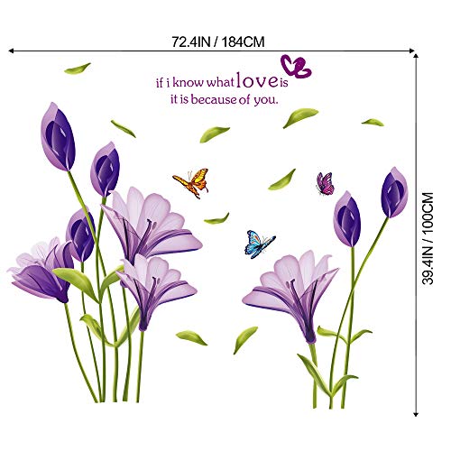LiveGallery Beautiful Lovely Lily Flowers Wall Decals Removable DIY Butterfly Flower Vines Art Decor Wall Stickers Murals for Living Room TV Background Kids Gilrs Rooms Bedroom Decoration (Purple)