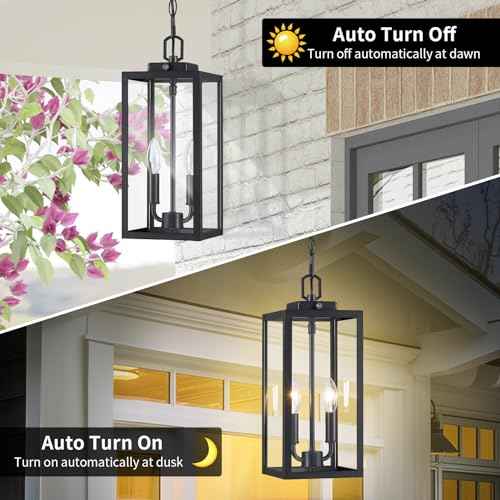Large Outdoor Pendant Light 2-Light, 15'' Dusk to Dawn Modern Black Metal Outside Chandelier Exterior Hanging Fixture Ceiling Mount with Clear Glass for Front Porch Entrance Foyer Entryway, 1 Pack