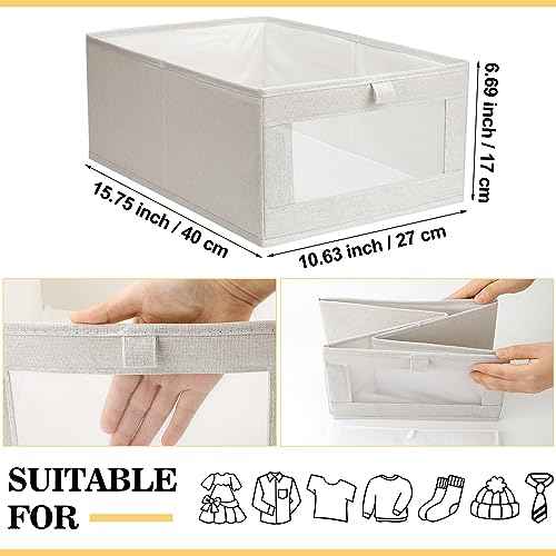 Kigley 8 Pcs Linen Closet Organizers and Storage Foldable Clothing Bins Large Foldable Box with Window Storage Baskets for Closet Shelf Clothes Jeans Toys Organization, Beige