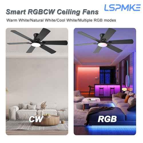 Ceiling Fans with Lights, 52 Inch Low Profile Ceiling Fan with Light and Remote, Flush Mount, Quiet, Reversible, 3CCT, Dimmable, Black RGB Ceiling Fan for Bedroom, Living Room, Indoor/Outdoor