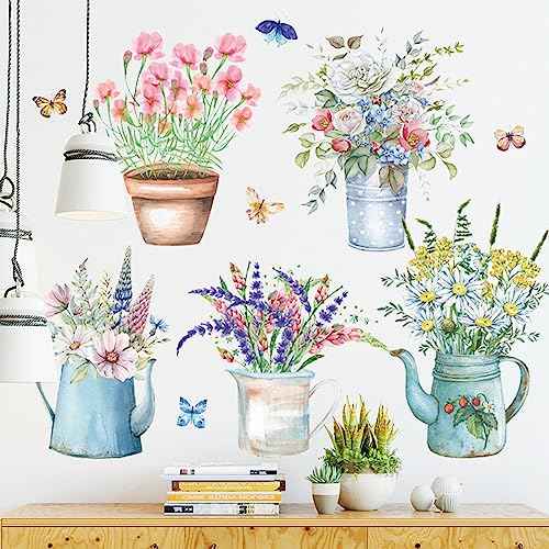 Wall Decals, Butterfly and Flower Pots Pattern, Floral Theme Stickers
