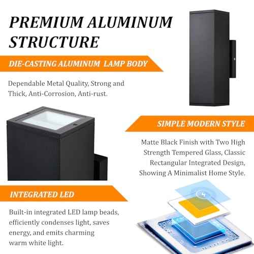 Dimmable Wall Lights Outdoor 2 Packs, Integrated LED Square Up Down 12W 2700K Modern Aluminum Light, Waterproof Exterior Lighing Fixtures for Porch Patio Garage Gardern