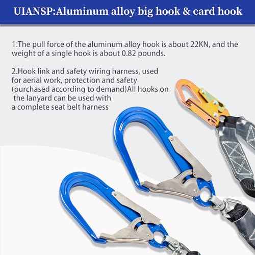 6ft Safety Lanyard Double Leg Internal Shock Absorbing Safety Fall Protection Lanyard with Rope Harness Safety Lanyard Dual Rebar & Snap Hook Roofer Fall Protection Equipment£¨Aluminium Alloy£©