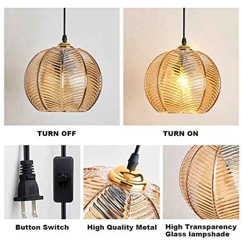 Plug in Glass Pendant Light Mid-Century Modern Striped Amber Glass Hanging Ceiling Lighting Fixture with 14.7FT Cord, Globe Decor Chandelier For Living Room, Bedroom, Dining Hall, Kitchen (Amber)