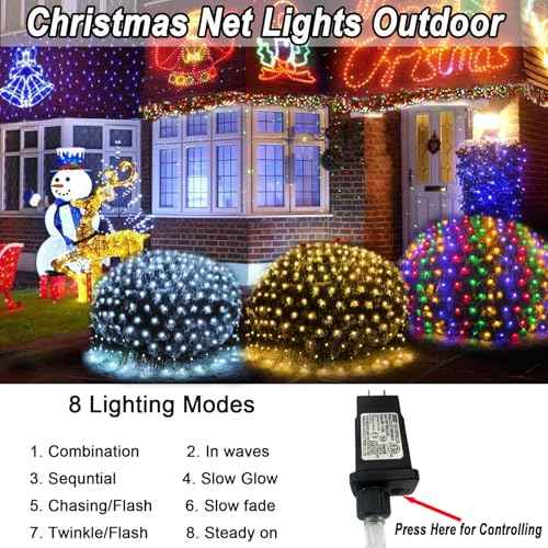 610 LED Christmas Net Lights, 34.5ft x 5ft Mesh Lights Outdoor with Timer & 8 Lighting Modes Clear Wire, Waterproof Connectable String Lights for Bushes Xmas Tree Garden Holiday Party - White