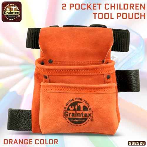 Graintex 2 Pocket Children's Tool Pouch Ideal for Home Improvement Projects | Kids Tool Belt for Young DIY Enthusiasts | Orange Color Suede Leather Pouch, Hammer Loop, Adjustable Webbing Belt - SS2526