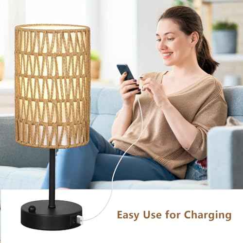 Touch Table Lamp Set of 2 For Bedroom with Bulb, Boho Small Desk Lamp For Living Room With Rattan & Linen Shade, 3 Way Dimmable Bedside Table Lamp For Nightstand With USB Charging Port & Phone Stand