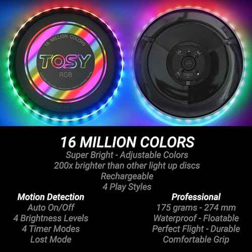 TOSY Flying Disc - 16 Million Colors RGB or 36 LEDs, Extremely Bright, Smart Modes, Camping Essentials for Teens/Kids/Adults/Men/Boys/Girls, Auto Light Up, Rechargeable, Waterproof, 175g