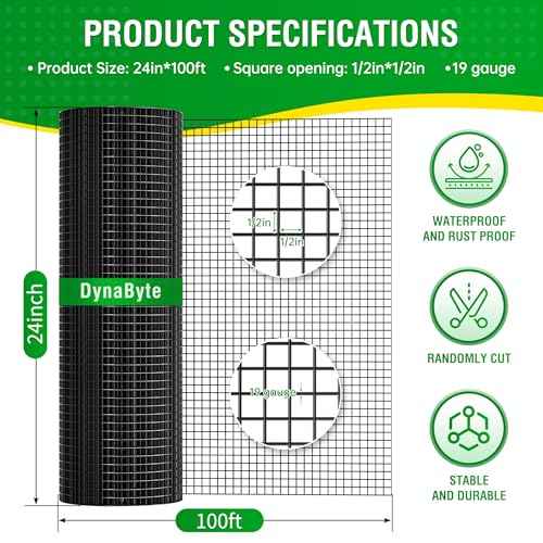 Dynabyte Vinyl Coated Black Hardware Cloth 1/2 inch 24 x 100 ft 19 Gauge, Rust and Corrosion Resistant, Easy to Bend Simple Installation, Chicken Wire Mesh, Garden Fence, Gopher Wire Cloth