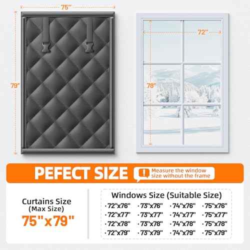Window Insulation Kit for Winter 75"x79" Cold Weather Thermal Curtain with Heavy Cotton, Insulated Window Cover for Winter & Windows Draft Blocker for Winterizing Windows in Home RV Basement?Black