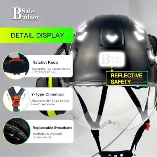 Hard Hat with Visor Ear Muffs Safety Helmet Lightweight Adjustable Vented Work Helmet 6-Point Suspension ANSI Z89.1 Approved Construction Head Protection