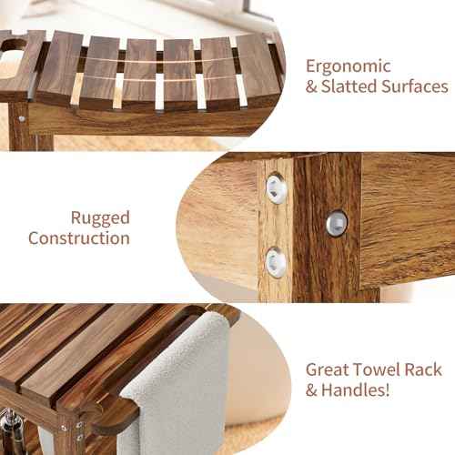 Shower Benches for Inside Shower to Sit on, Acacia Wood Bathroom Bench with Storage, Waterproof Shower Seat for Inside Shower, with Handles & Shower Head Holder, No-Slip