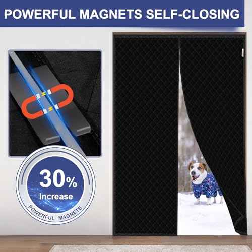 Magnetic Thermal Insulated Door Curtain Fit Door Size 72" x 80", Quilted Oxford Fabric Thicken Cotton Fill, Winter Door Cover Keep Cold Draft Out, Blanket Insulation for Front Patio Doors Black