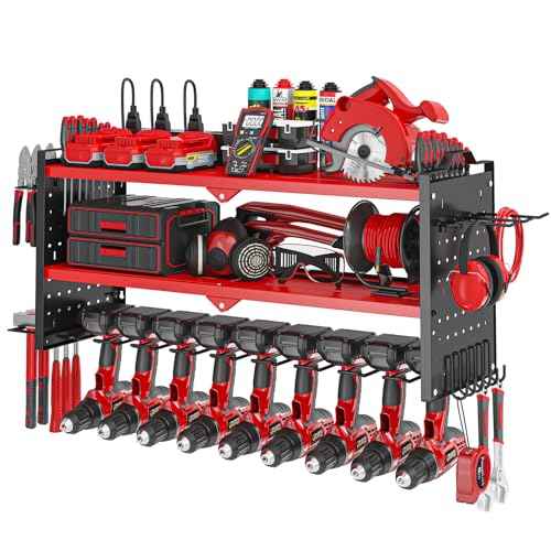 Power Tool Organizer Wall Mount with 9 Drill Holder, Cordless Tool Organizer and Storage Rack, Garage Heavy Duty Metal Shelf Organization for Battery, Tool Box, Hammer, Screwdriver£¨Red£©