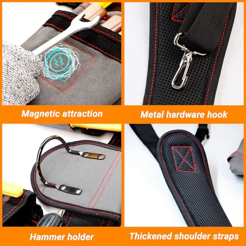 Tool Belt With Suspenders, Professional Tool Belt for Men, Magnetic Tool Belts With Suspenders, 18 Pockets Heavy Duty Detachable Adjustable Tool Belts for Electrician, Carpenter (Grey, 32''-66'')