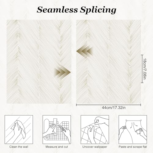 Peel and Stick Wallpaper Boho Beige Herringbone Striped Wallpaper Modern Self-Adhesive Removable Contact Paper 17.3" x 120" Waterproof Vinyl for Bedroom Cabinets