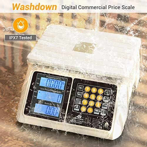 Waterproof Commercial Food Scale 66lb with Price Computing - Digital Rechargeable Scale for Meat, Seafood, Produce at Farmers Market, Butcher Shop, Food Truck, IPX7 Dual Large Display
