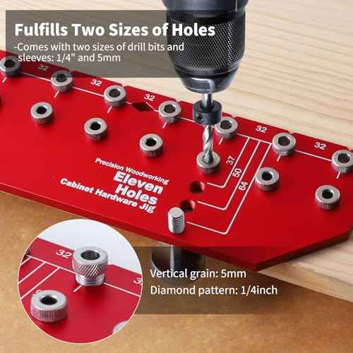 RUITOOL Shelf Pin Jig 11 Holes, Self-contained Clamping Function All Metal Shelf Pin Drilling Jig with 1/4" and 5mm Drill Bit, Shelf Hole Jig and Cabinet Hardware Jig Tool Drill Guide with Storage Bag