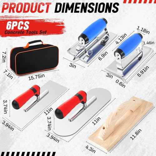 6pcs Concrete Hand Tools Set Masonry Tools Includes Stainless Steel Concrete Hand Edger, Groover, Wood Float, Finishing Trowel, Pool Trowel and Tool Bag for Cement Beginner Kit