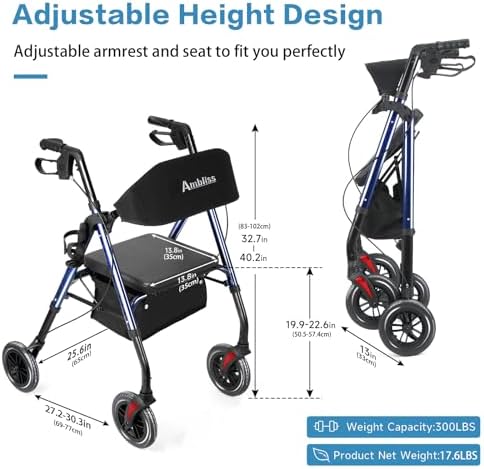 Amblisss Walkers for Seniors with Seat, Foldable Rollator Walkers, 300 lbs Weight Capacity, 8" Wheels Dual Height Ajustable, Rolling Walker with Seat for All-Terrain, Dark Blue