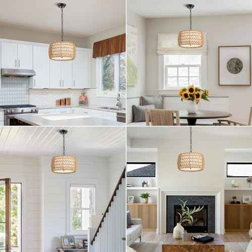 WILON 12.4'' 3-Light Rattan Chandelier with Fabric Shade, Dining Room Light Fixtures Over Table, Modern Boho Pendant Lights Kitchen Island Lighting, Farmhouse Rustic Drum Hanging Lamp with E26 Base