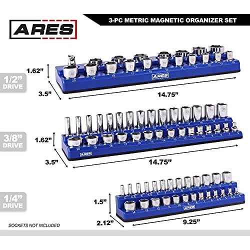 ARES 60036-3-Piece Blue Metric Magnetic Socket Organizer Set - Includes 1/4-Inch, 3/8-Inch, and 1/2-Inch Socket Holders - Holds Standard Size and Deep Size Sockets - Keeps Your Tool Box Organized