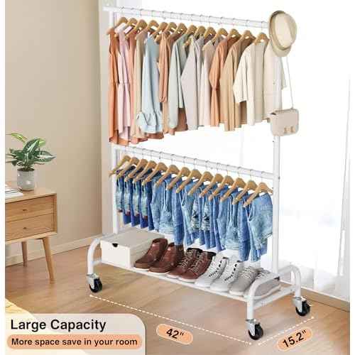 MISSLO Heavy Duty Clothing Racks for Hanging Clothes Rack Double Rod Garment Rack Rolling Closet Wardrobe on Wheels, Metal, Adjustable (White)
