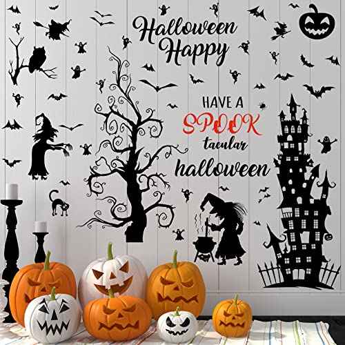 6 Sheets Halloween Wall Decals Removable Tall Haunted House Stickers Decorations DIY Spooky Garage Door Stickers Witch Bats Ghost Tree Castle Window Decals for Wall Room Nursery Halloween Party