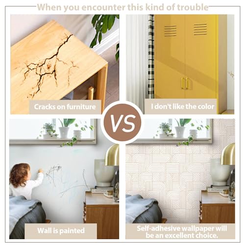 Modern Peel and Stick Wallpaper Boho Contact Paper for Cabinets Drawers Beige and White Striped Geometric Self Adhesive Wallpaper for Bedroom Bathroom Wall Decor Neutral Vinyl 17.3inW 78.7inL
