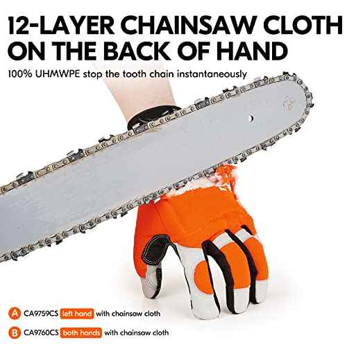 Vgo... Chainsaw Gloves,12-Layer Saw Protection on Left/Both Hand Back,Cow Leather Gloves,Touchscreen