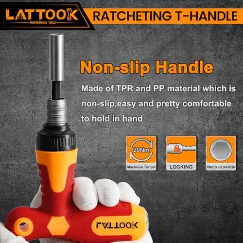 T Handle Ratchet Driver, LATTOOK 1/4¡± Ratcheting Bit Driver T Handle with Adjustable Extension, Non-slip Material, Screwdriver Handle for Holding Bits