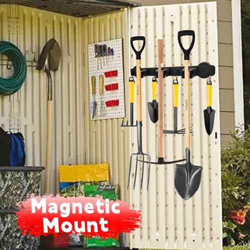 Magnetic Mop Broom Holder,Heavy Duty Movable Magnetic Wall Mount Tool Racks,No Drilling Utility Storage Shovel Hanger for Garage,Closet,Garden,Kitchen,Laundry (4 Hooks 3 Grippers,Black)