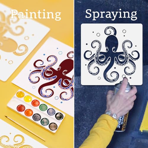 Octopus Sea Wall Stencil Template 11.8 x 11.8 Inch Reusable Plastic Ocean Themed Stencil for Painting on Wood Wall Floor Tile Fabric Glass DIY Home Decor