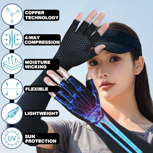 Long Copper Arthritis Gloves for Carpal Tunnel, Compression Gloves for Hand Pain Relief, Wrist Arm Support, Fingerless Typing Gloves for Rheumatoid, Tendonitis, Fits Women Men, 1 Pair, Small