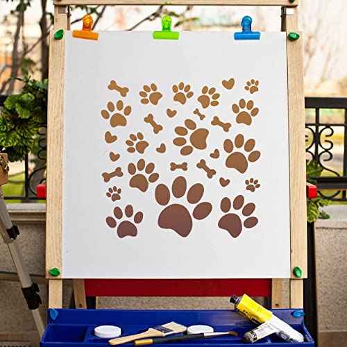 GORGECRAFT Paw Print Stencil Dog Bone Heart Pattern Template 30x30cm Large Reusable Plastic Square Stencil Sign for Painting on Wood Wall Scrapbook Card Floor Drawing DIY Furniture Decor Crafts