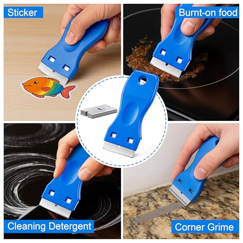 Glass Stove Top Scraper and Non Abrasive Cook top Scrubbing Pads Kit with Extra Replacement Blades, Razor Blade Scraper Cleaning Tools for Oven, Kitchen, Windows, Paint Removal and Adhesive Residues