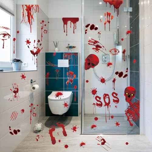 Halloween Wall Decals Bloody Handprint Footprint Wall Stickers Scary Halloween Decorations Spooky Window Stickers Removable Vinyl Wall Art Decal for Bathroom Living Room