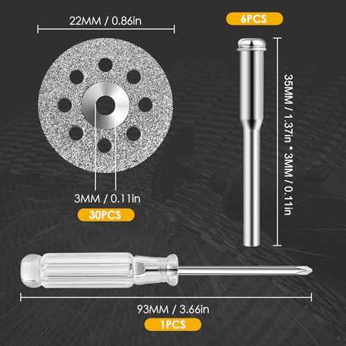 30Pcs 545 Diamond Cutting Wheel Rotary Tool Cutting Discs with 6Pcs 402 Mandrel and Screwdriver for Rotary Tools