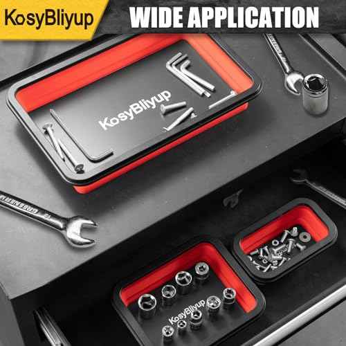Collapsible Magnetic Parts Tray Set, 3 Different Size Silicone Magnetic Tool Tray for Screw, Bolts, Nuts, Washers, Pins and Other Small Metal Parts, Red