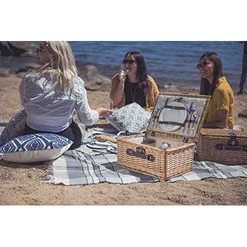 PICNIC TIME Classic Picnic Basket for 2, Romantic English-Style Wooden Wicker Basket with Deluxe Service for 2, Fully-Lined Interior, Leatherette Lid-Locking Buckle, and Carry Handle, (Beige Canvas)