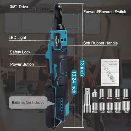 3/8'' Cordless Ratchet Wrench, 60FT-LBS (80N.m) Electric Ratchet with 21V 2 X 2.0Ah Battery, 400 RPM Chargeable Power Ratchet Driver Set with 8 Sockets,1/4 Adaptor, 3" Extension Bar