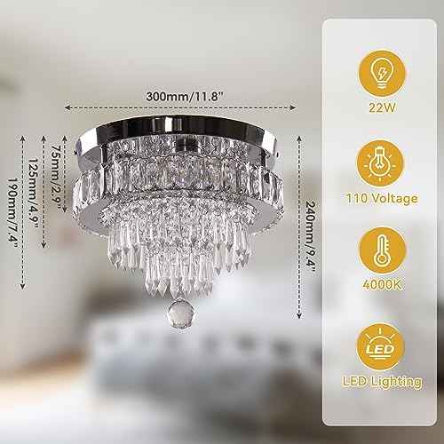Finktonglan 11.8" Dimmable LED Modern Crystal Ceiling Light, Flush Mount Chandelier with 3 Light Colors, Remote Control for Bedrooms, Living Room, Hallway