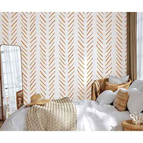 HAOKHOME Boho Peel and Stick Wallpaper Brush Strokes Stripes Removable Terracotta/White Chevron Vinyl Self Adhesive Mural 17.7in x 9.8ft